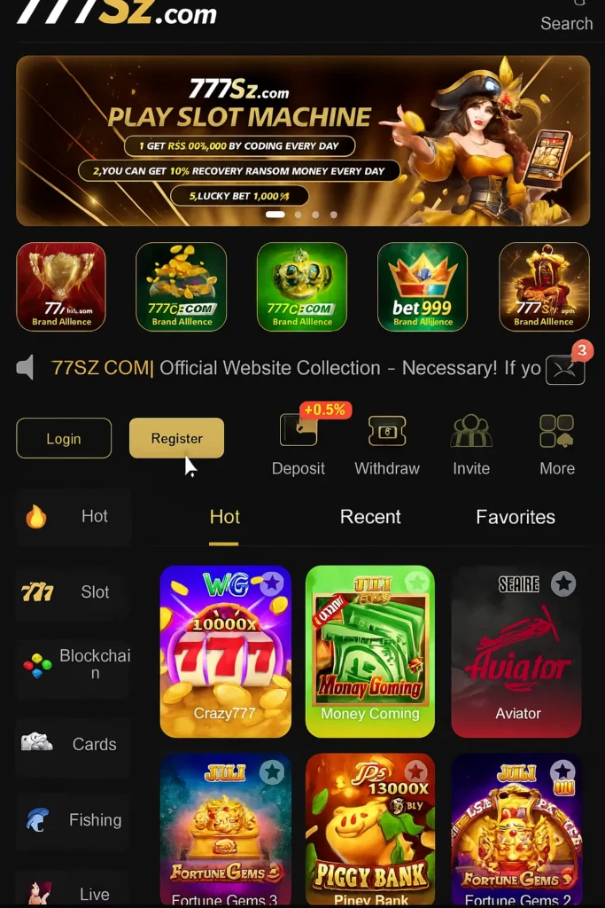 777sz game homepage showing different options and games to play