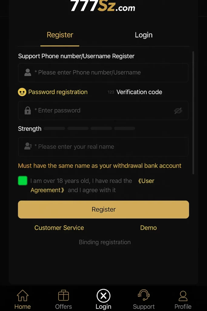 Registration on 777 sz with number and password to quickly register